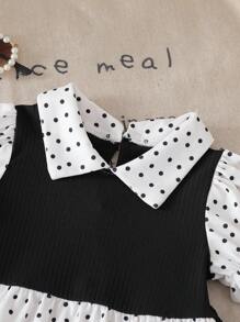 SHEIN Playful Pals Baby Girl Spring And Summer Holiday Charm 2 Pieces Set, Made With Quality Fabrics And Featuring A Playful Polka Dot Pattern For A Fashionable Minimalist Style. The Ruffle Collar Puff Sleeve Top Paired With Flared Pants Providing Comfort; Additionally, It Works Well For Light Sports And Elegant Parties, Allowing The Little Princess To Shine In Any Occasion.