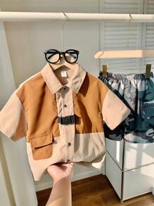 SHEIN 2 Packs Young Boys Casual Street Fashion Colorblock Shirt And Camouflage Shorts Set Suitable For School Suitable For Travel Suitable For Sports Suitable For Spring And Summer Seasons