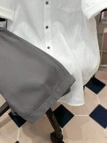 SHEIN Teen Boys Textured Wave Pattern Short Sleeve Shirt And Shorts Set, Casual & Comfortable, Spring/Summer - Grey - View 4