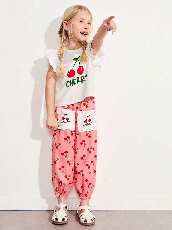 SHEIN 2pcs/Set Young Girls Cute Cherry Print T-Shirt And Adorable Cherry Pocket Pants Sets