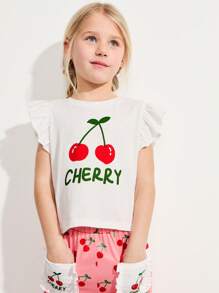 SHEIN 2 件套年轻女孩可爱樱桃印花 T 恤和可爱樱桃口袋裤子套装 - 彩色 - 查看 5