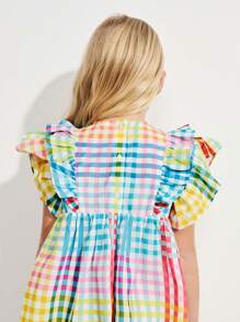 SHEIN Leap Crew Toung Girls Colorful Plaid Print Ruffled Two-Layer Cap Sleeve A-Line Loose Dresses, Casual Holiday Style