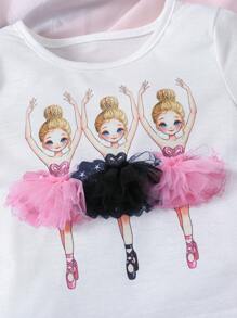 Cartoon Character Crew Neck Short Sleeve T-Shirt And Shorts 2 Pieces Casual Set For Young Girl - Multicolor - View 3