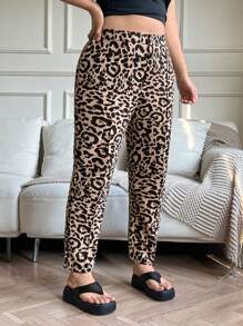 SHEIN EZwear Plus Size Women's Leopard Print Toothpick Design Casual Pants - Rust Brown - View 5
