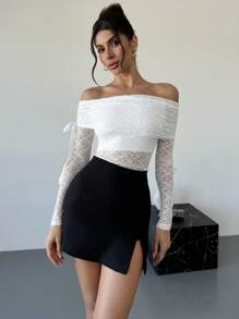 Firerie Blusa de encaje elegante y sencilla con hombros descubiertos de manga larga y elástica, ideal para una cita romántica el Día de San Valentín