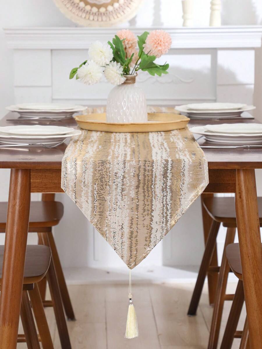 1pc Vintage Jacquard Table Runner, Golden Striped Dining Table Decor For Restaurant And Living Room,Fall Decor,Autumn Decor,Room Decor