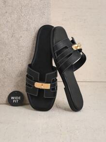 SHUZIA Dép xỏ ngón đế vuông đế bệt màu đen sang trọng dành cho nữ, thiết kế rộng rãi, chi tiết khâu khóa vàng - Tinh tế, thanh lịch và thời trang - màu đen - Xem 3