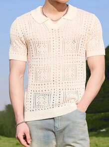 Manfinity CasualKnits Men's Solid Color Polo Collar Short Sleeve Simple Hollow Out Casual Hollow Out Loose Knit Top Men Crochet Shirt, Suitable For Summer - Multicolor - View 4