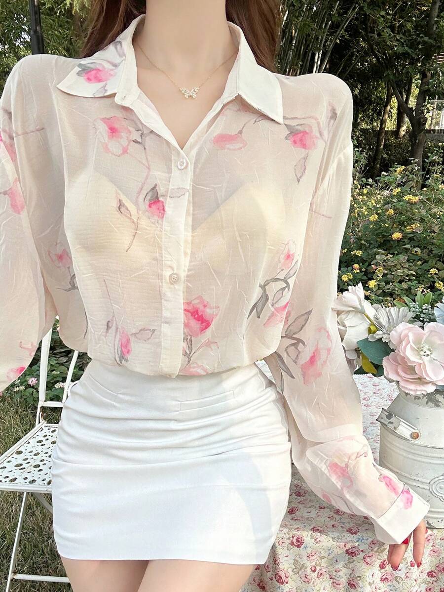 DAZY 夏季新款优雅海滩度假宽松休闲风格女式衬衫长袖上衣 - 米色 - 查看 1