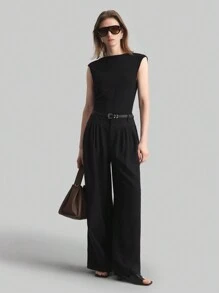 Ontre 女士黑色优雅简约复古硬币图案露背垂领吊带背心上衣，适合办公室穿着