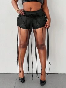 Maweii Plus Size Sexy Knit Faux Leather Draw String Tassel Shorts - Black - View 1