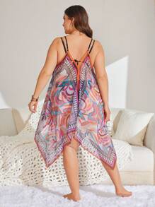SHEIN Swim Curve Plus Size Women's Sleeveless Print Patchwork Beach Cover Up, For Summer Vacation