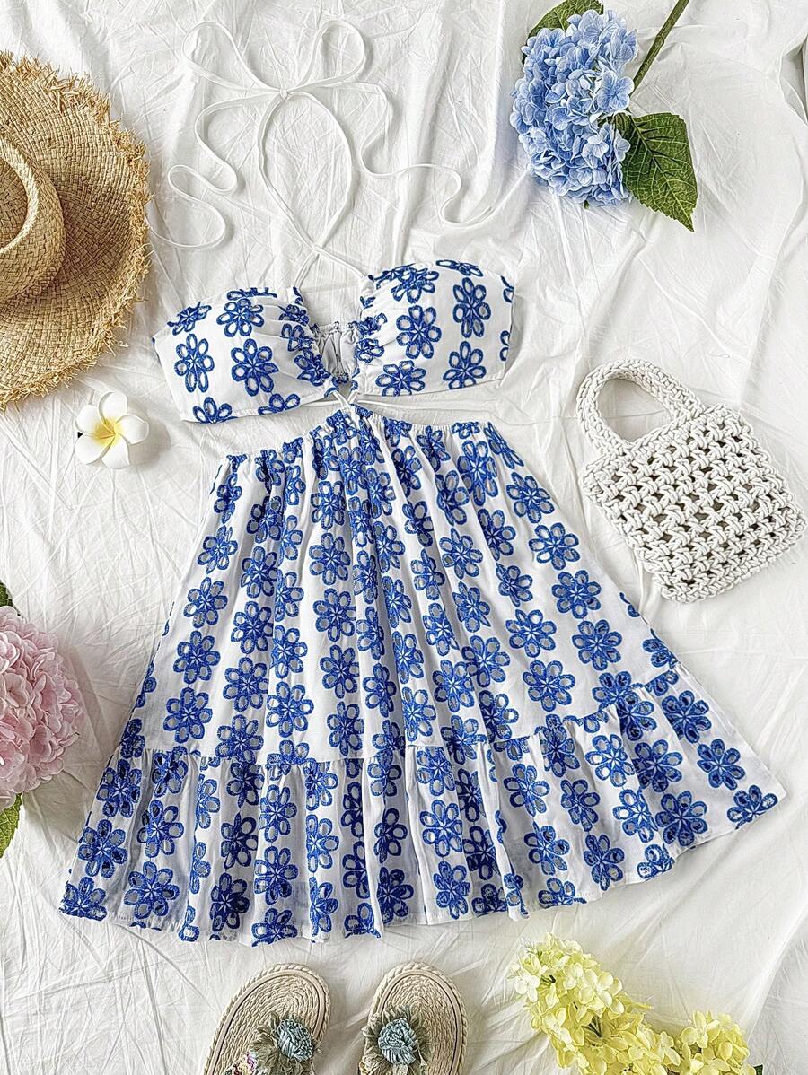 Soleia Holiday Spaghetti Strap Hollow Out Backless Blue Floral Print Dress - Blue and White - View 1