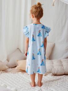 Jong meisje' Elegante Casual Schattige Blauwe Prinses Meisje Sneeuwvlok Ruffle Trim Lange Mouw Nachthemd Loungewear