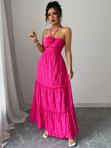 Elenzga Women's Elegant Solid Color 3D Floral Backless Halter Dress