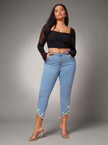 Denimoi Jeans con tasche frontali, decorati con strass, orlo sfilacciato, design semplice, taglie grandi