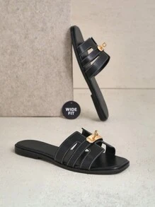 SHUZIA Dép xỏ ngón đế vuông đế bệt màu đen sang trọng dành cho nữ, thiết kế rộng rãi, chi tiết khâu khóa vàng - Tinh tế, thanh lịch và thời trang - màu đen - Xem 6