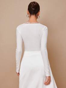 L'Amorae Women's Lace Heart Cutout White Bodysuit, Minimalist Elegant Casual Everyday Wear - White - View 3