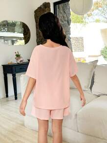 2pcs/Set Preteen Girls Loose Round Neck T-Shirt And Relaxed Shorts Outfit, Textured Material - Multicolor - View 2