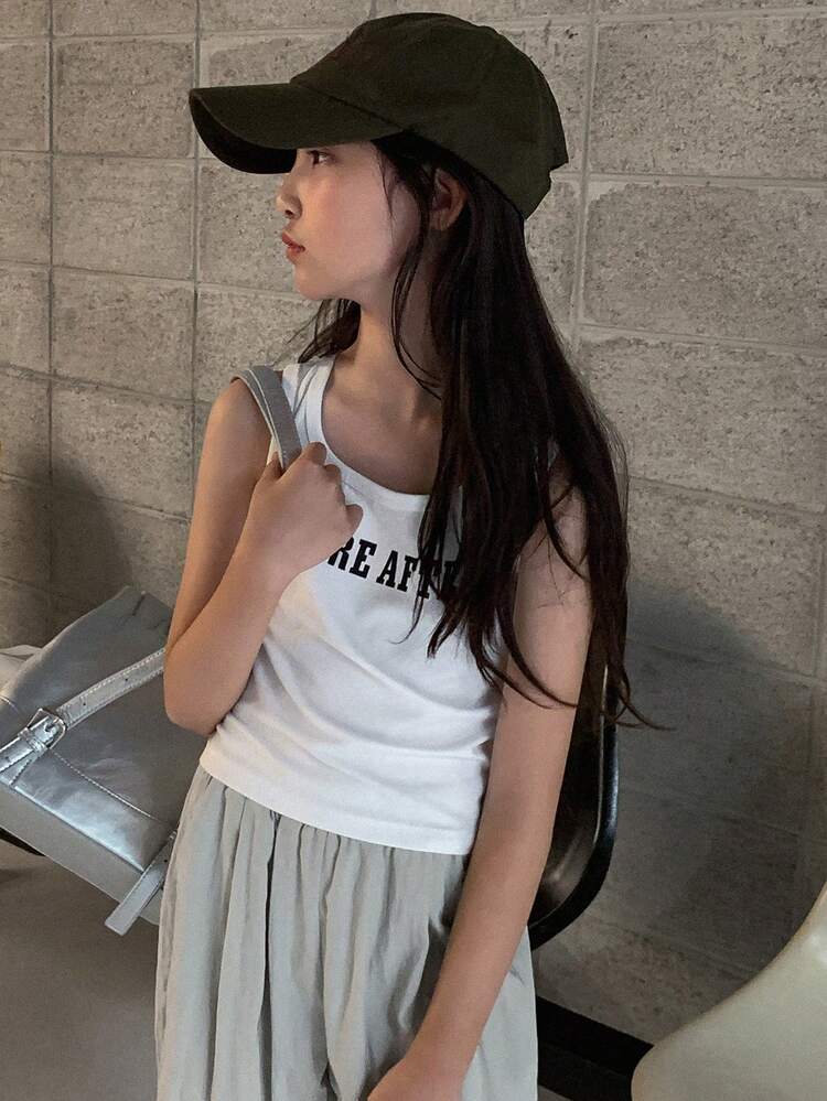 2pcs/Set Tween Girl Letter Print Tank Top And Pants Casual Outfit