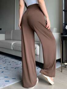 DAZY Women's Casual Plain Basic Weekend Wear Long Pants, Summer New Arrival - Coffee Brown - View 2