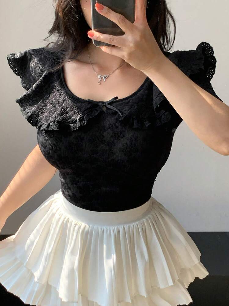 Summer New Arrival Bow Decor Fitted Ladies T-Shirt, Fashionable,Ruffle