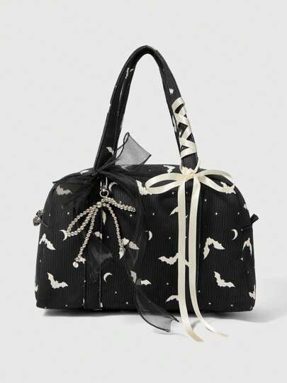 Goth Black Bat Print Corduroy Bowknot Decor Portable Tote Bag For Women