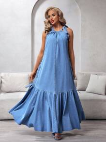 SHEIN BAE 女士牛仔休闲连衣裙，时尚舒适，适合日常穿着 - 藍色 - 查看 5