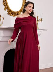 Modelyn Oblique Collar, Pleated Hem Patchwork Long Sleeve Women Long Dress Fall Cloth For Women - Burgundy - View 5