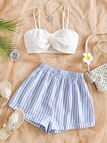 Soleia Set de 2 piezas para mujer: Top de tirantes con giro en la parte delantera y pantalones cortos a rayas de talle alto, adecuado para festival de música, estilo bohemio, vacaciones, citas, tarde de té. - Azul y blanco - Ver 8