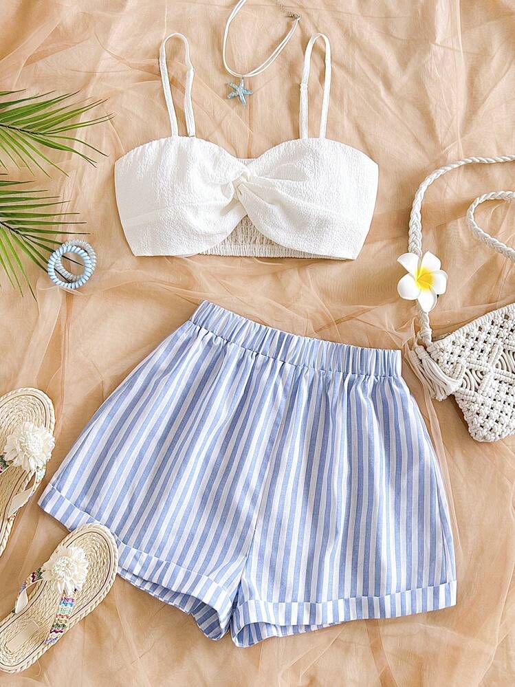 Soleia 2pcs/Set Women Vacation Strappy Twist Front Tank Top & High Waist Striped Shorts, Suitable For Music Festival, Bohemian, Holiday Date, Afternoon Tea - Blue and White - View 8