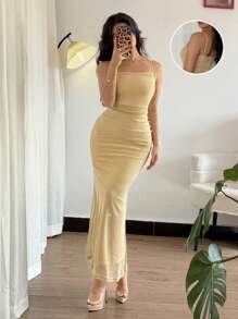 Gloray Elegant Spaghetti Strap Gold Metallic Fitted Mesh Fish Tail Dress, Women Spring/Summer