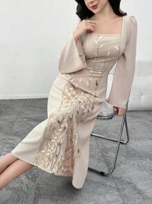 Modelyn Sequin Mesh Casual Dress, Minimalist & Fashionable For Daily Wear - Apricot - View 4