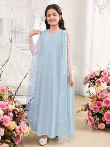 SHEIN Leap Crew Tween Girls Sparkly Rhinestone Mesh Maxi A-Line Dress,Light Blue Princess Gown For Summer,Elegant Party Prom Graduation Birthday Flower Girl Dress - Blue - View 4