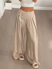 Flirla Damen locker sitzende weite Palazzo Hose mit Quasten, entspannter Urlaubsstil