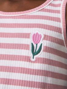 SHEIN Young Girls Floral Embroidered Pink Striped Ruffled Tank Tops & Camis, Casual Everyday Style