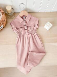 SHEIN Baby Mädchen rosa Kurzarm Jumpsuit mit geraffter Taille und Kragen, Sommer