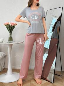 Casual Letter Print Contrast Color Short Sleeve Pants Pajama Set - Multicolor - View 3