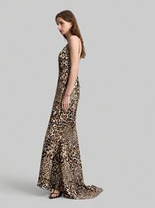 Ontre Leopard Print Satin Material Slip Dress, Elegant Tie Shoulder Dress With Tail, Spaghetti Strap Sleeveless Formal Party Gown - Coffee Brown - View 4