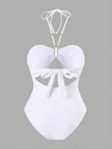 SHEIN Swim Women's Springbreak White Vacation Sexy Strapless Backless One-Piece Swimsuit For Summer - White - View 7