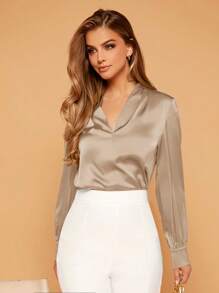 SHEIN Privé 女士纯色 V 领长袖优雅工作衬衫 - 香檳色 - 查看 3