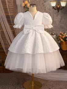 SHEIN Tween Girl Elegant V-Neck Jacquard Textured V-Neck Puff Sleeve Ruffle Hem Mesh Panel Dress In White, Suitable For Party, Gathering, Wedding, Flower Girl - White - View 8