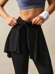 VARSITIE Damskie, jednokolorowe, patchworkowe, falbaniaste legginsy 2 w 1, swobodne, fitnessowe