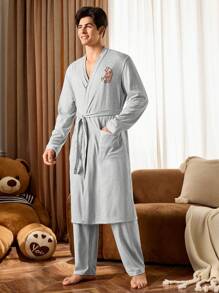 Notgurli Bộ đồ ngủ dài tay in hình mèo hoạt hình cho nam 2 món và quần dài - Xám - Xem 6