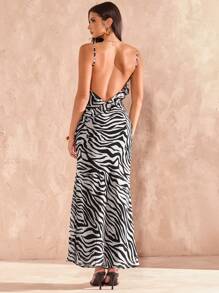 SHEIN BAE Váy hở lưng họa tiết ngựa vằn 3D đen trắng trơn mùa xuân/hè, váy họa tiết ngựa vằn, váy họa tiết động vật, váy đi nghỉ - Đen và trắng - Xem 2