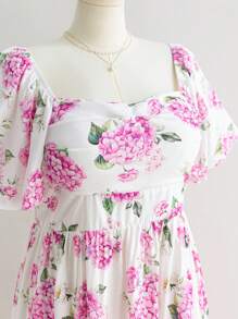 Dreamara Plus Size Women Vintage Purple & White Floral Print Ruffle Sleeve Elastic Waist Long Casual Vacation Dress, Back To School, Cute, Casual, Bachelorette Party, Summer - Multicolor - View 5