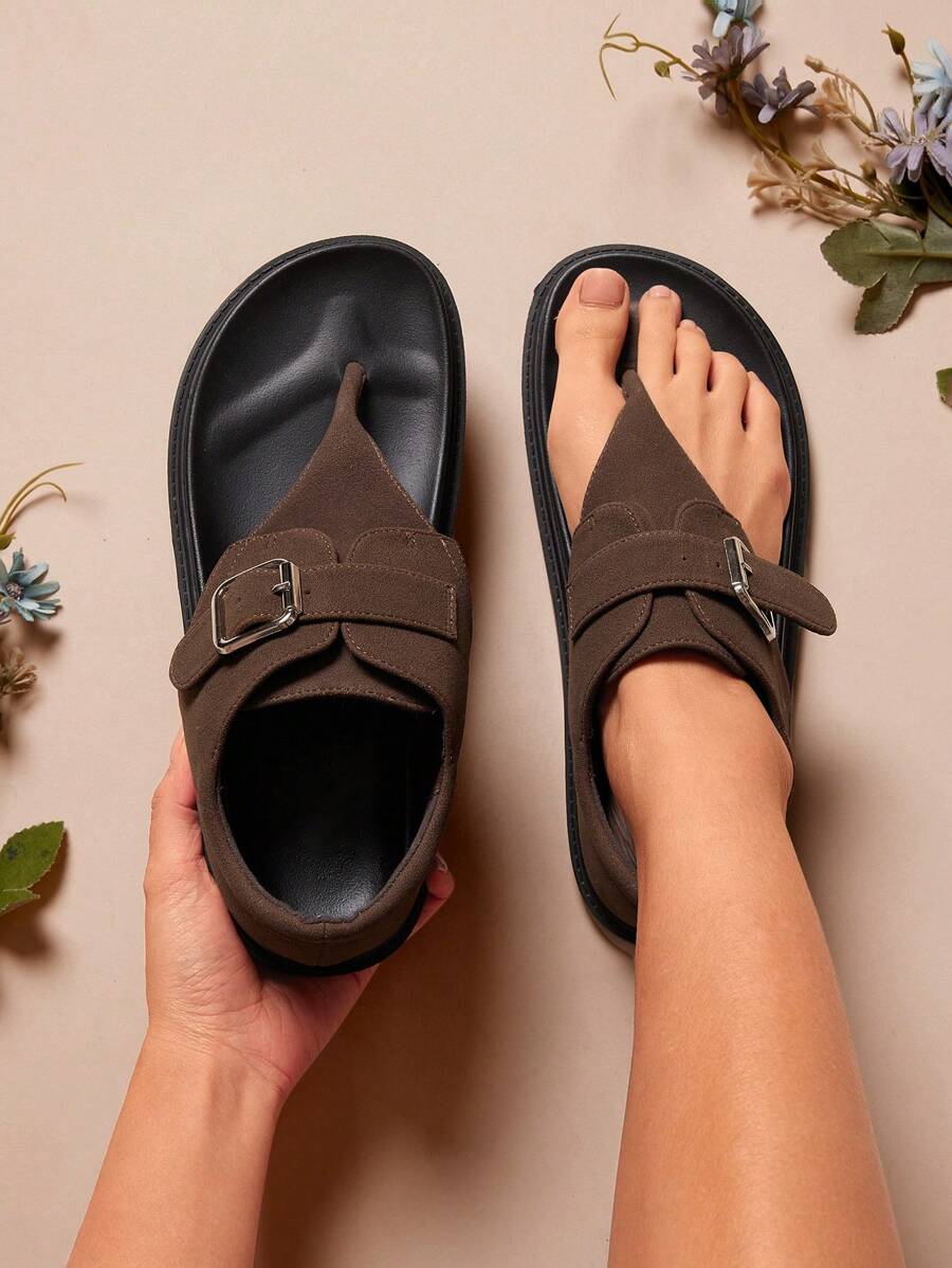 SHUZIA Women Buckle Decor Thick Bottom Basic Everyday Comfort Outdoor Suede Brown Flat Sandals Vacation Shoes Casual Shoes Beach Shoes - Brown - View 1