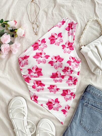 Soleia 新款优雅单肩褶皱度假针织印花女士背心