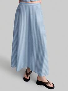 Ontre 2 件女式条纹长袖纽扣衬衫和中长裙休闲套装