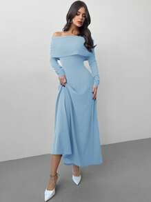 Firerie Gaun Panjang Wanita Elegan Warna Polos Tanpa Bahu, Gaun Pastel untuk Wanita - Baby Blue - View 7